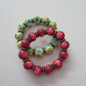 Set of 2 Beaded Elastic Stretch Bracelets Floral Design